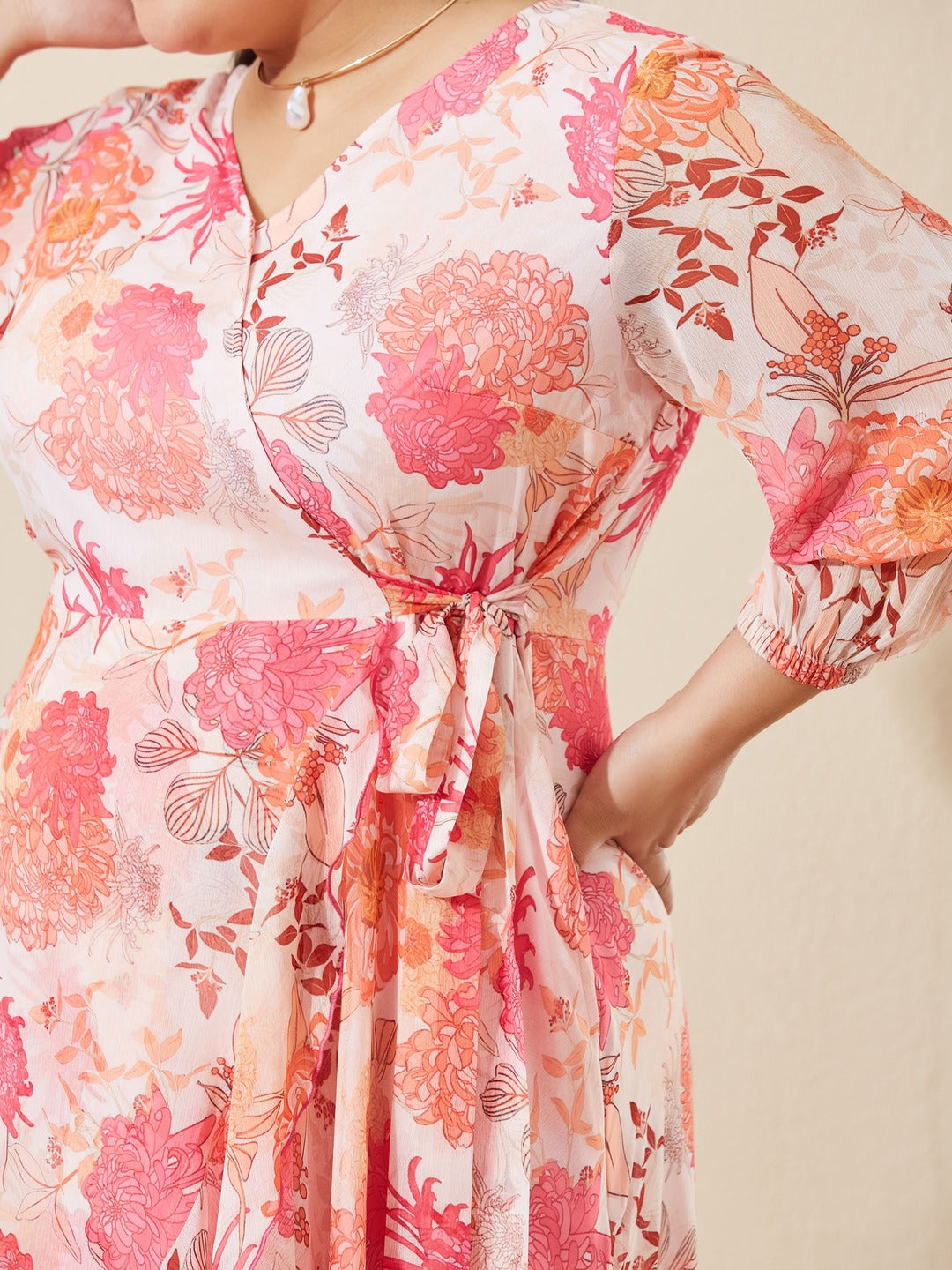 Light Peach Floral V-Neck 3/4 Sleeve Wrap Midi Chiffon Dress for Women
