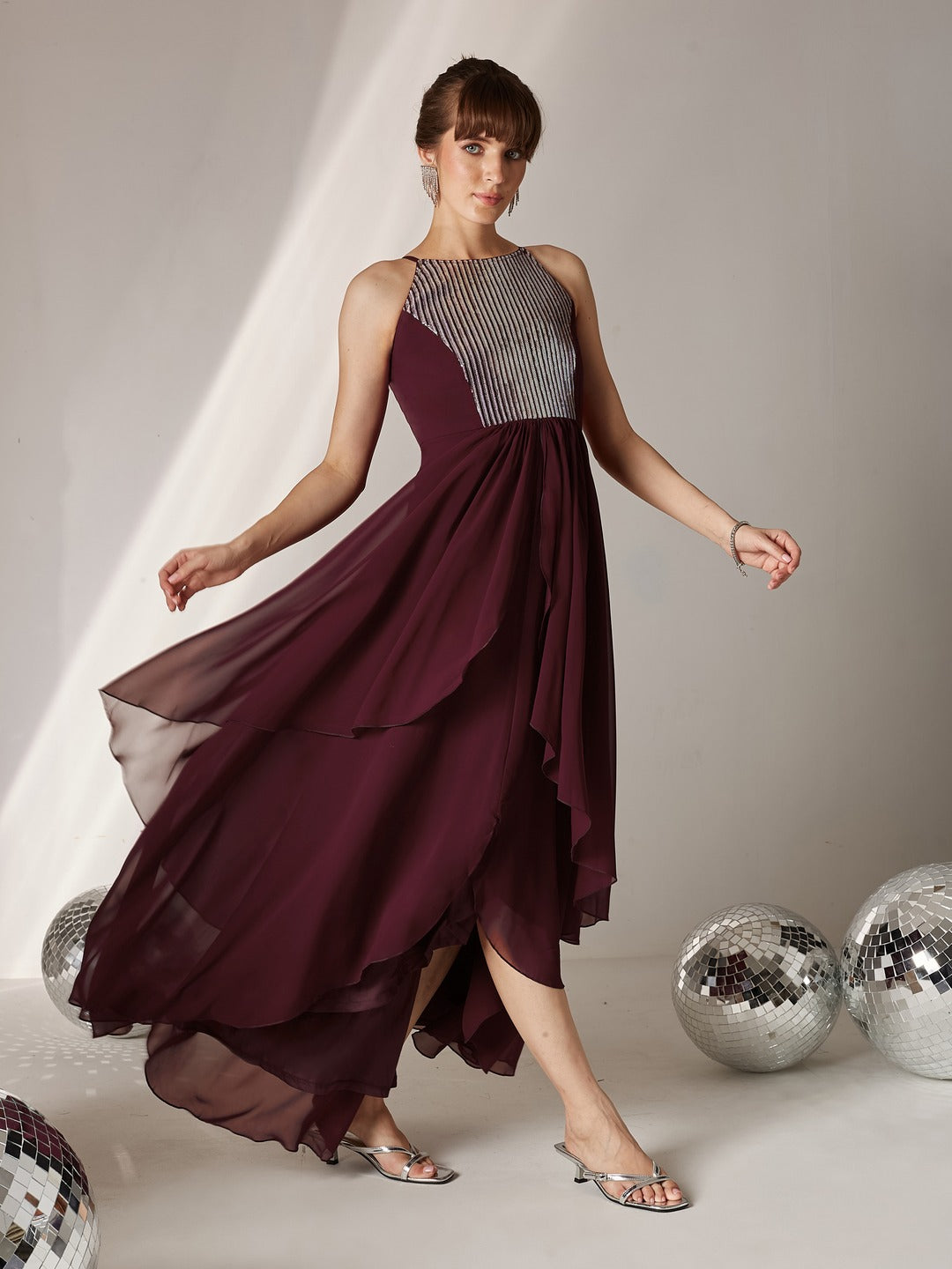 Wine Halter Neck Sleeveless Embellished Layered Georgette Maxi Dress for Women