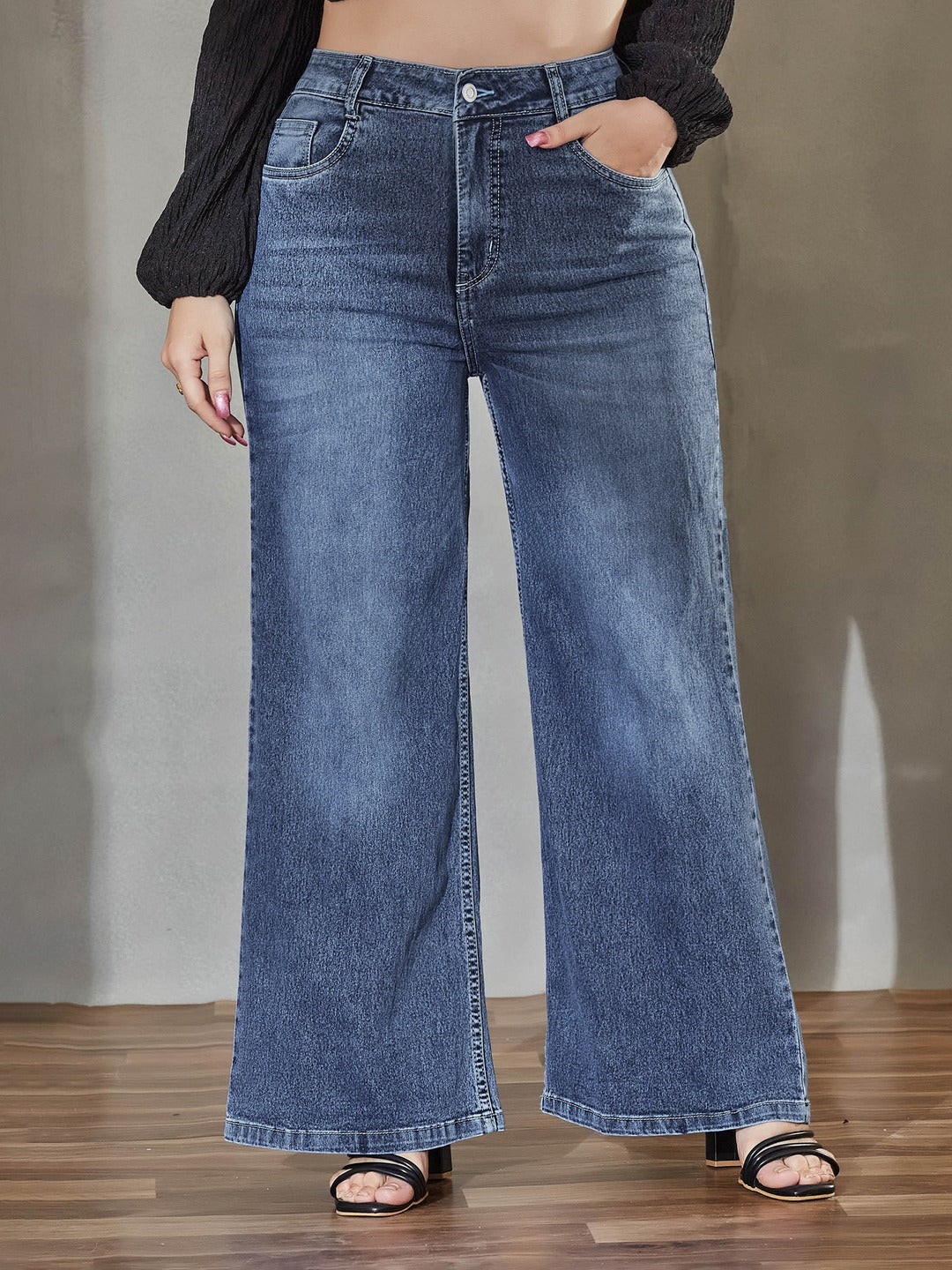 Light Blue Wide-Leg High-Rise Stretchable Denim Jeans for Women