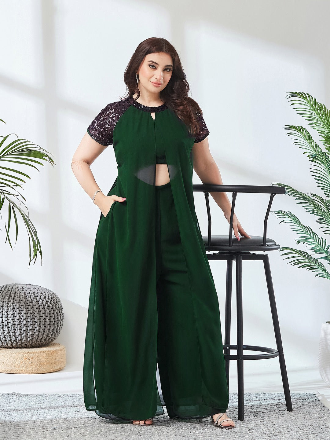Dark Green Round Neck Raglan Sleeve Solid Layered Regular Jumpsuit for Women