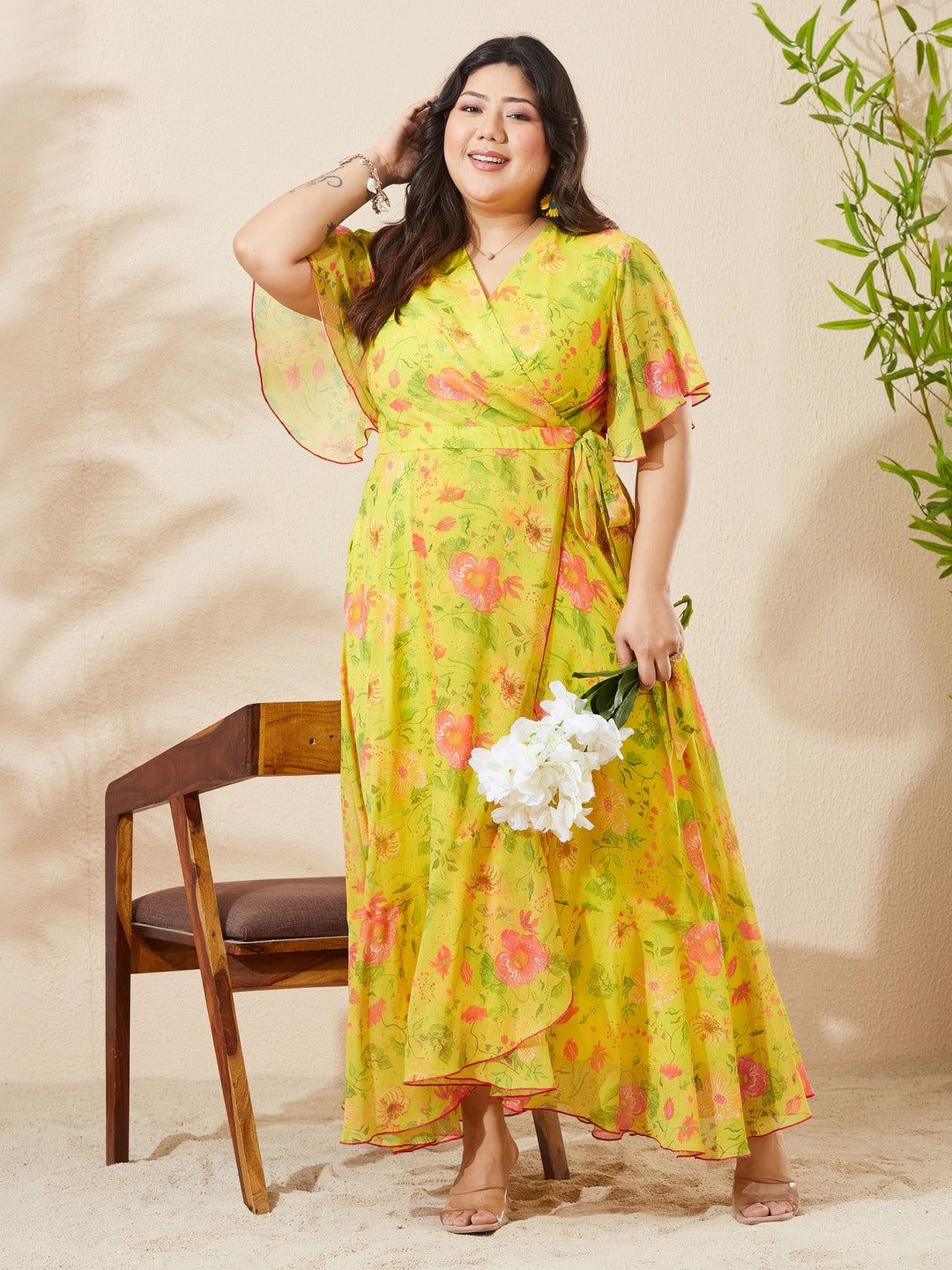 Acid Yellow V-Neck Flared Floral Overlap/Tie-Up Maxi Chiffon Dress for Women