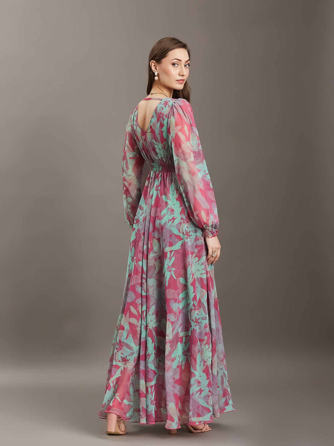 Pink & Mint Floral V-Neck Smocked Bishop Sleeve Maxi Chiffon Dress for Women
