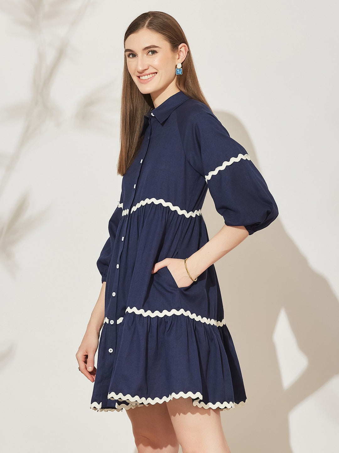 Navy Blue Cotton Shirt Dress with Balloon Sleeves and Classic Collar for Women