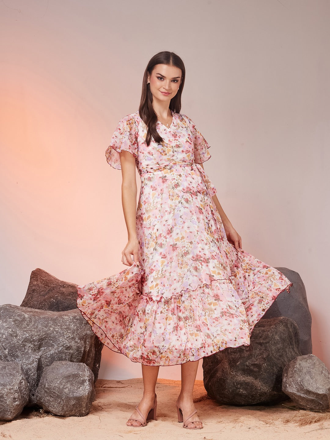 Pink V-Neck Flared Sleeve Floral Wrap Chiffon Maxi Dress for Women