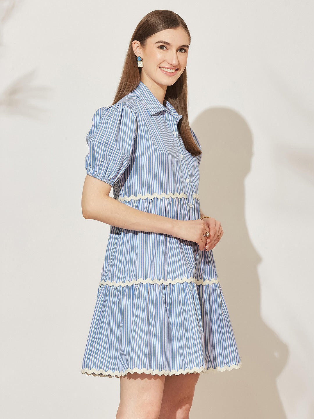 Multicolored Striped Cotton Shirt Dress with Puff Sleeves and Tiered Hem for Women