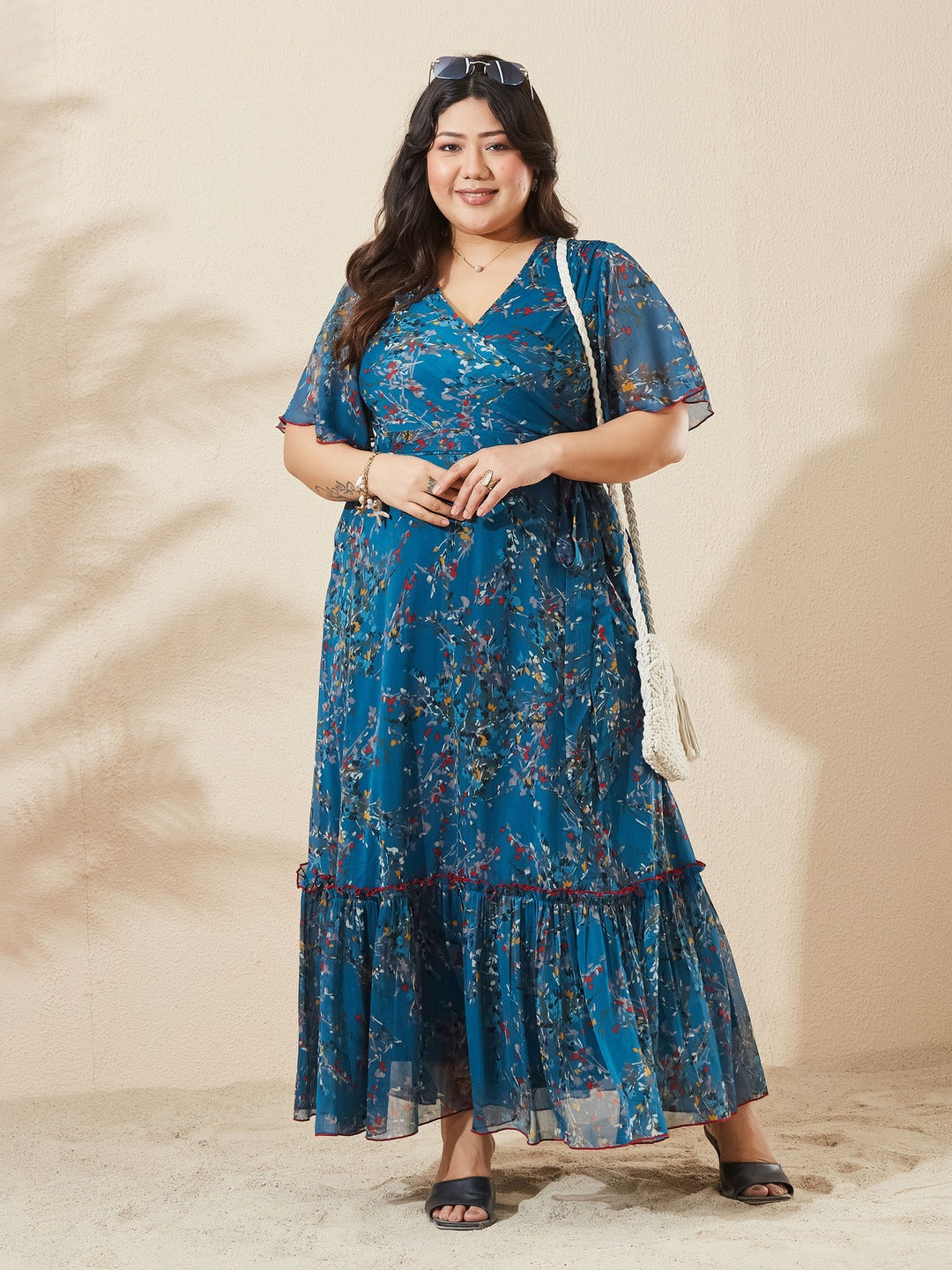 Teal Floral V-Neck Flared Sleeve Wrap Chiffon Maxi Dress for Women