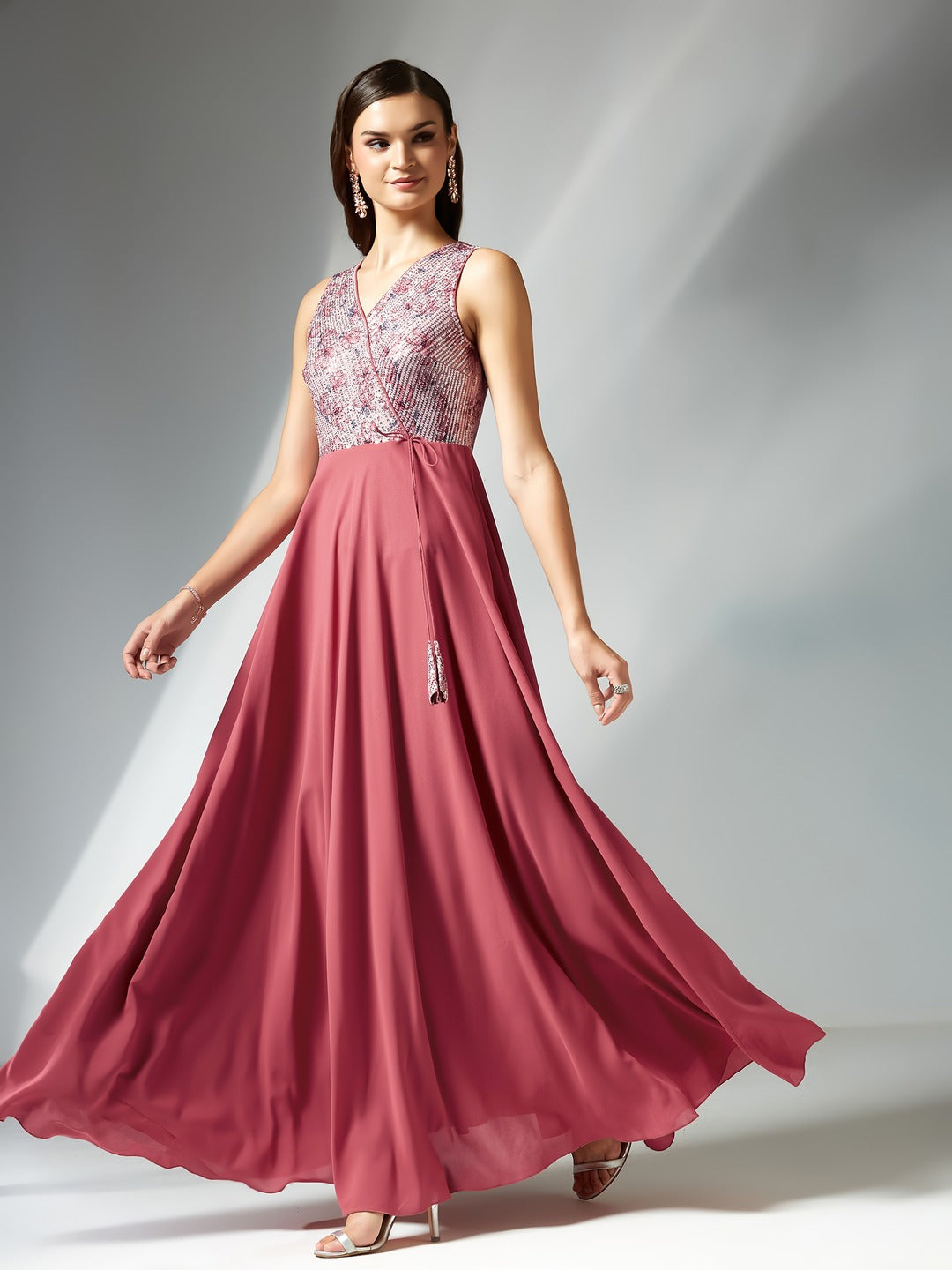 Pink V-Neck Sleeveless Floral Embellished Fit & Flare Maxi Georgette Dress for Women