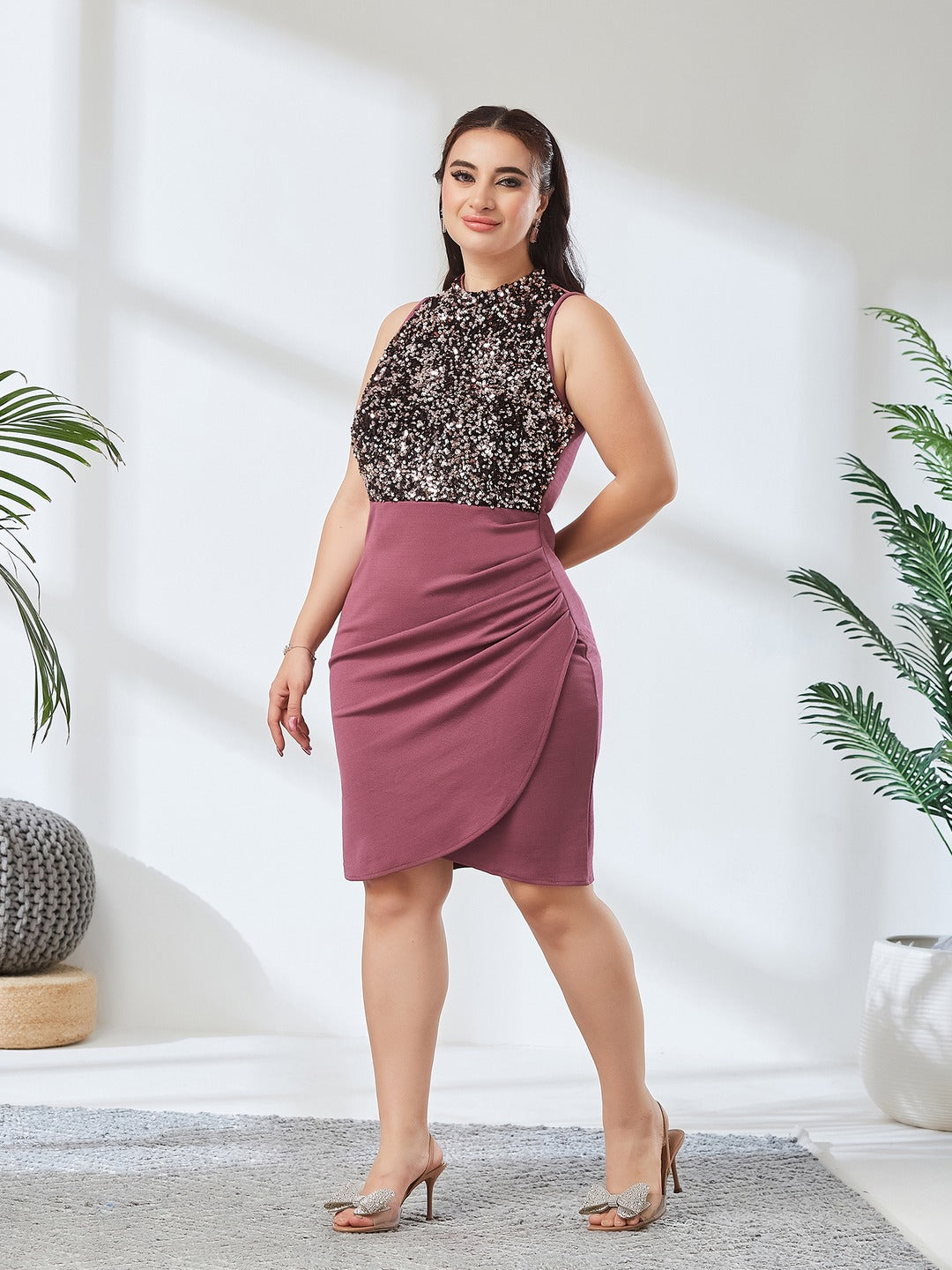 Mauve Halter Neck Sleeveless Embellished Pleated Above-Knee Dress for Women