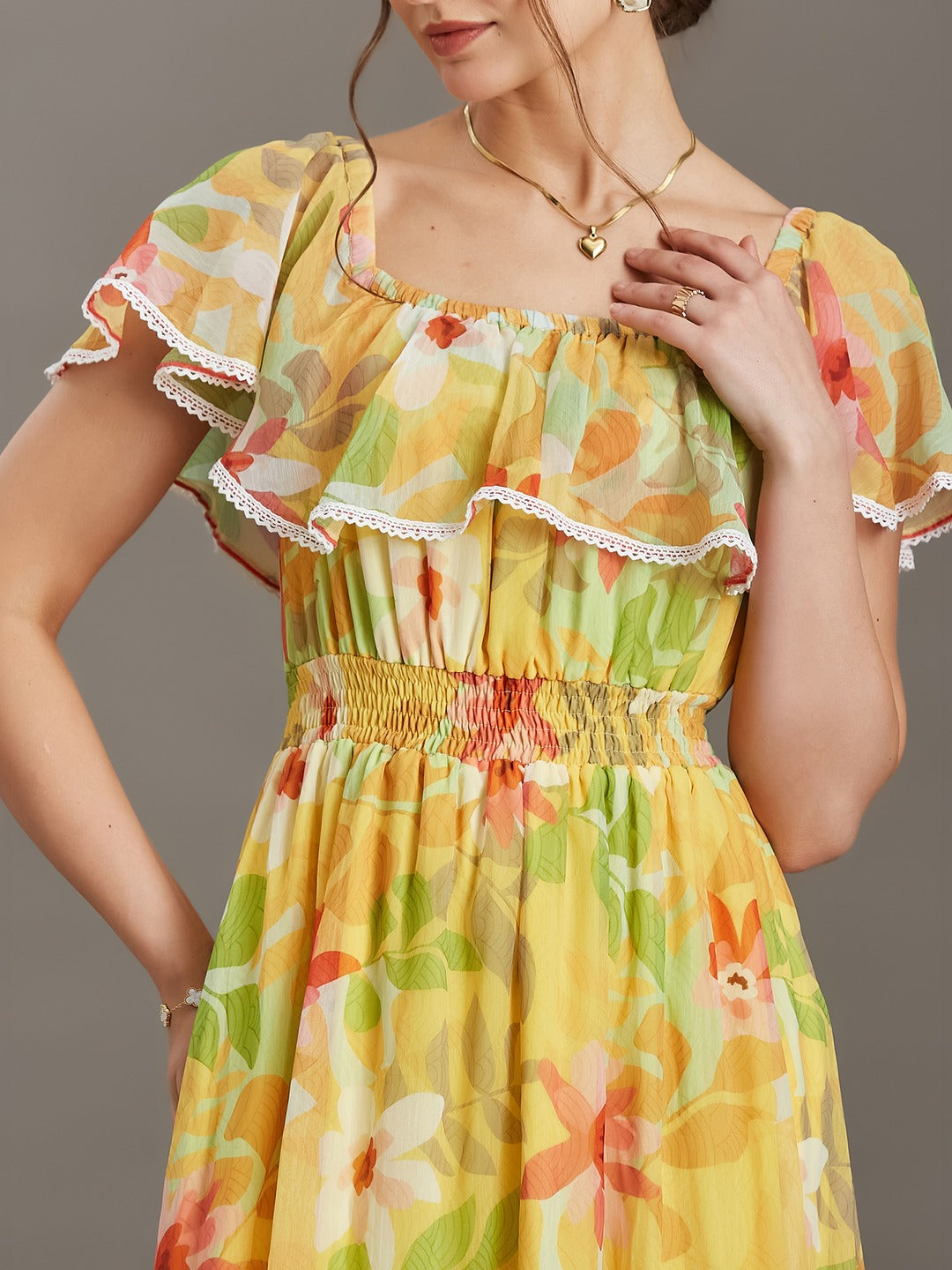 Butter Yellow Square Neck Cape Floral Tiered Maxi Chiffon Dress for Women