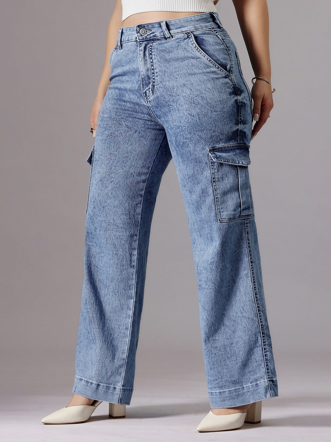 Light Blue Wide-Leg High-Rise Stretchable Flared Cargo Style Denim Jeans for Women