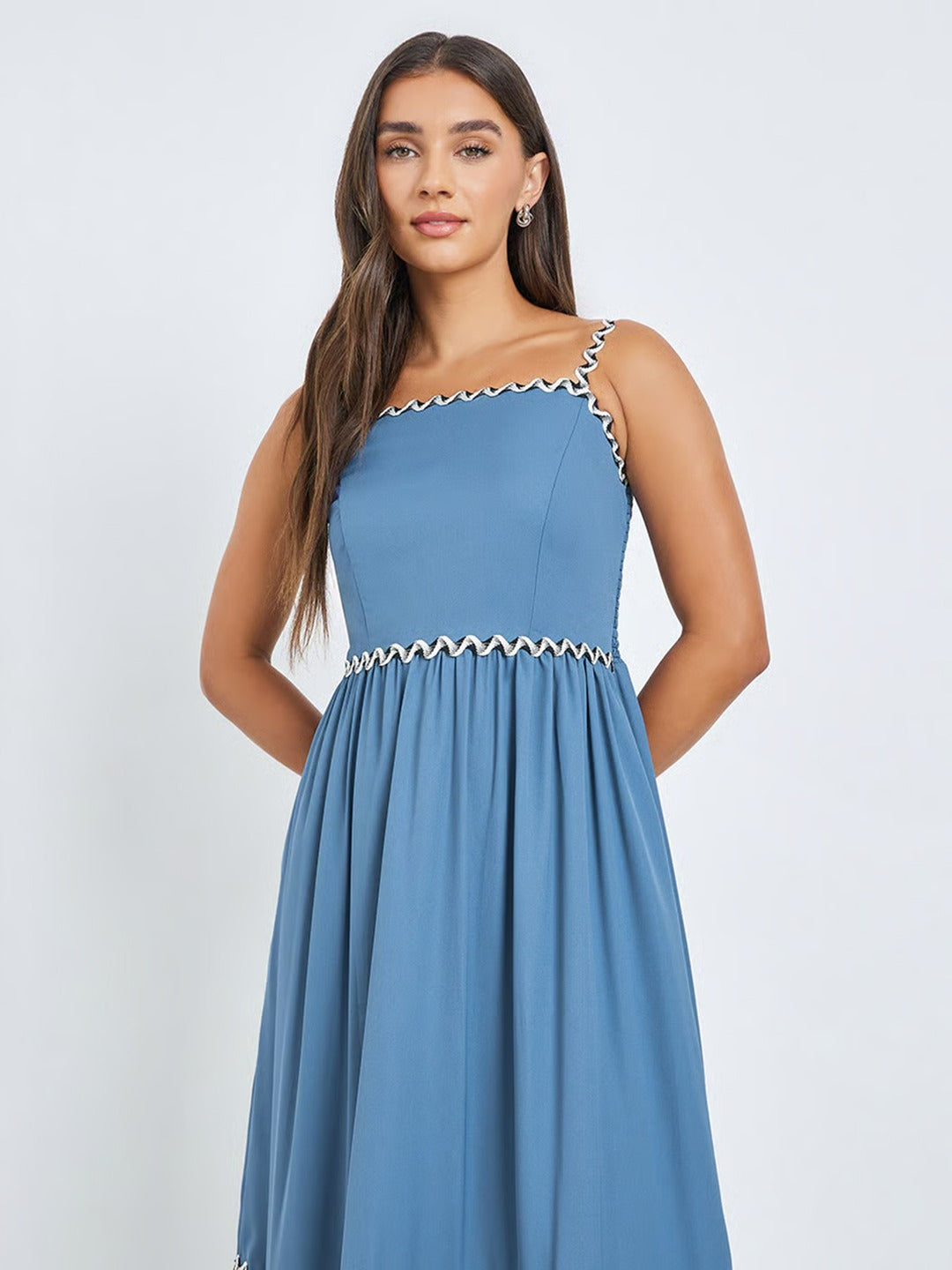 Azure Blue Square Neck Sleeveless Solid Tiered Maxi Crepe Dress for Women