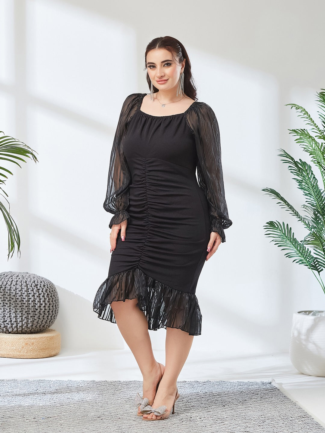 Black Square Puff Sleeve Solid Ruching Midi Dress for Women