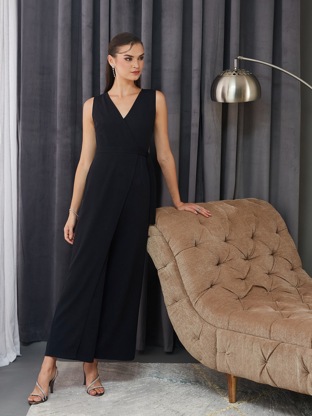 Black V-Neck Sleeveless Solid Wrap Polyester Jumpsuit for Women