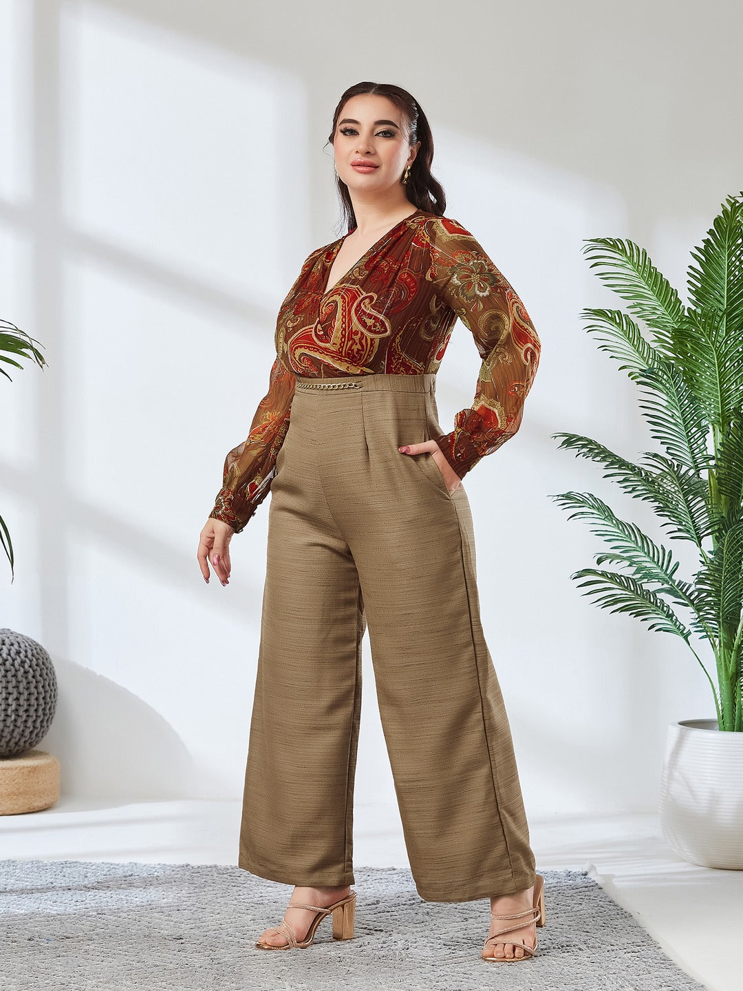 Multicolored V-Neck Bishop Sleeve Bohemian Patterned Straight Leg Wrap Regular Silk Jumpsuit for Women