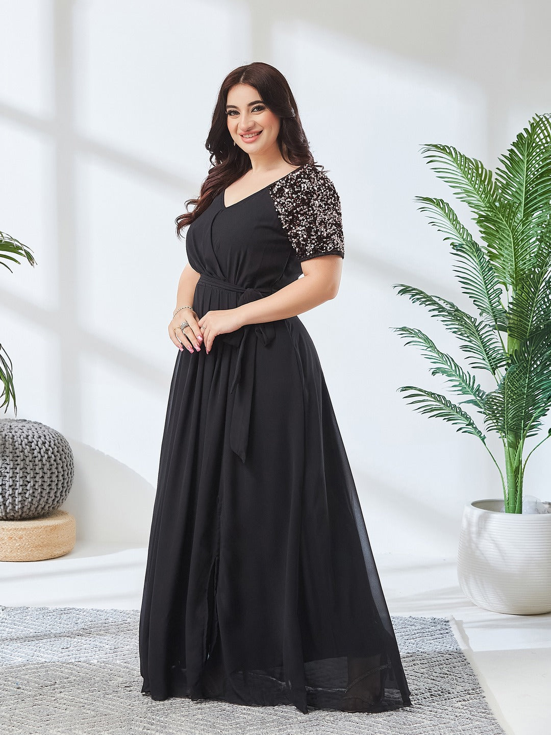 Black V-Neck Raglan Embellished Wrap & Tie-up Maxi Dress for Women