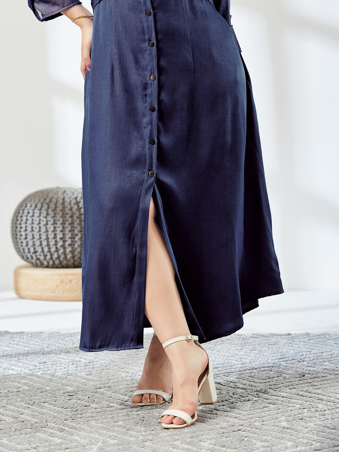 Blue Shirt Collar 3/4 Sleeve Solid Midi Polyester Shirt Dress for Women