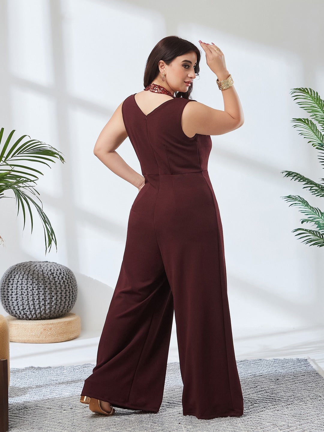 Wine Color Halter Neck Sleeveless Solid Pleated/Wide Leg Sequin Paneled Regular Length Jumpsuit for Women
