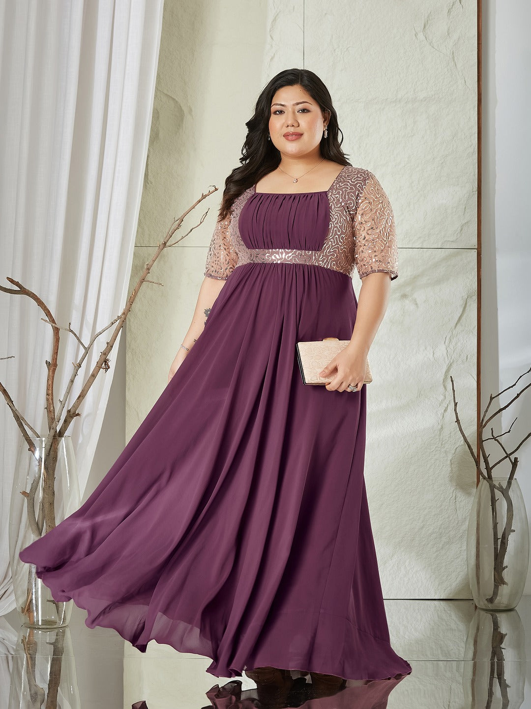 Mauve Square Neck Half Sleeve Solid Embellished Georgette Maxi Dress for Women