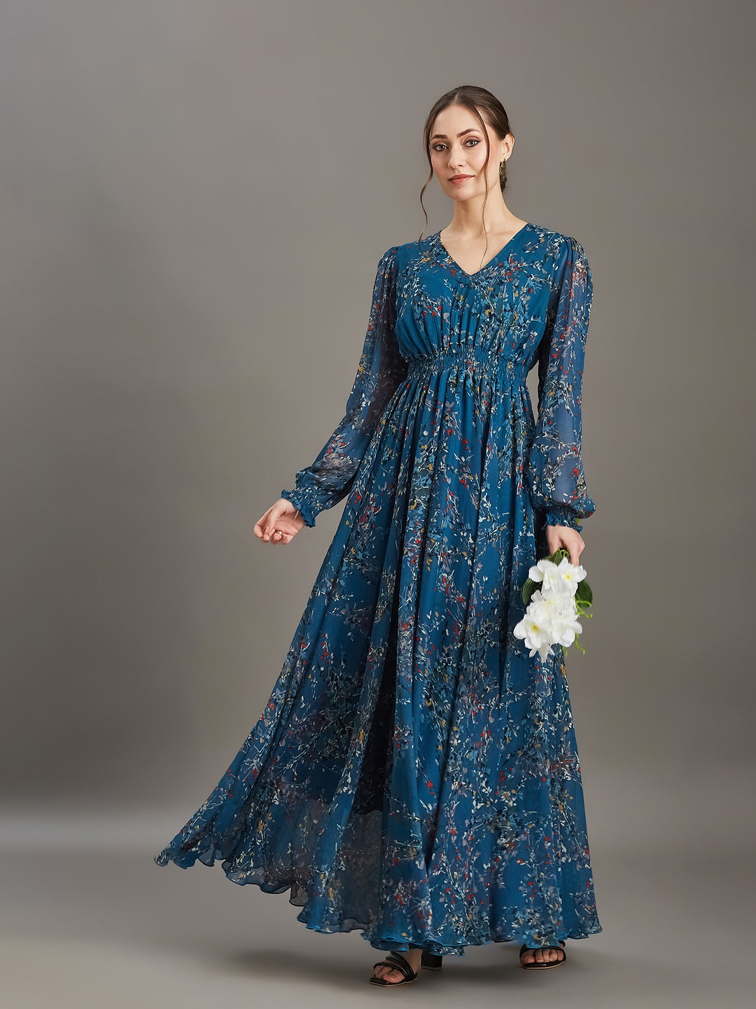 Teal V-Neck Smocked Bishop Sleeve Floral Gathered Chiffon Maxi Dress for Women