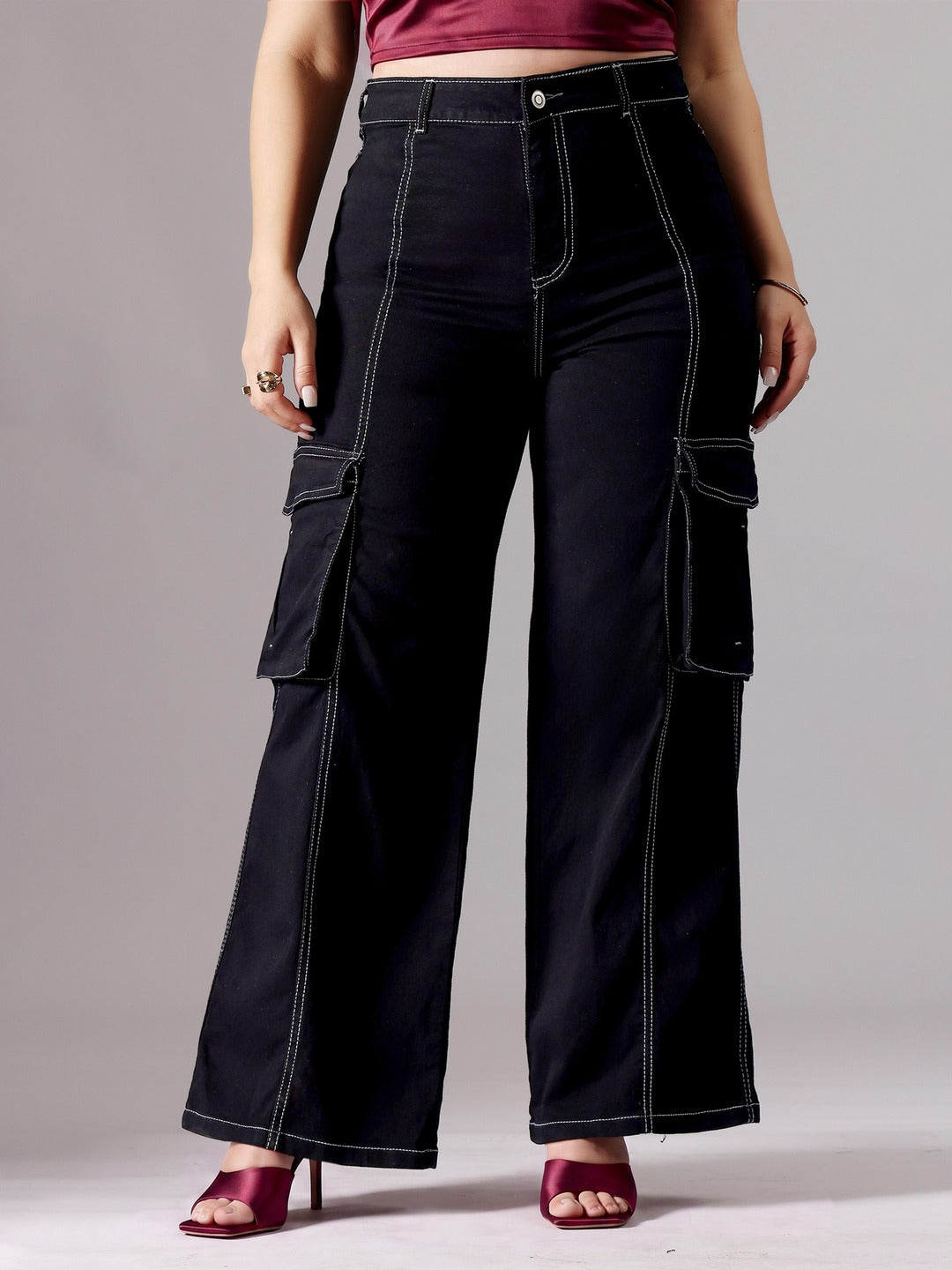 Black Wide-Leg High-Rise Stretchable Patch-Pocketed Denim Jeans for Women