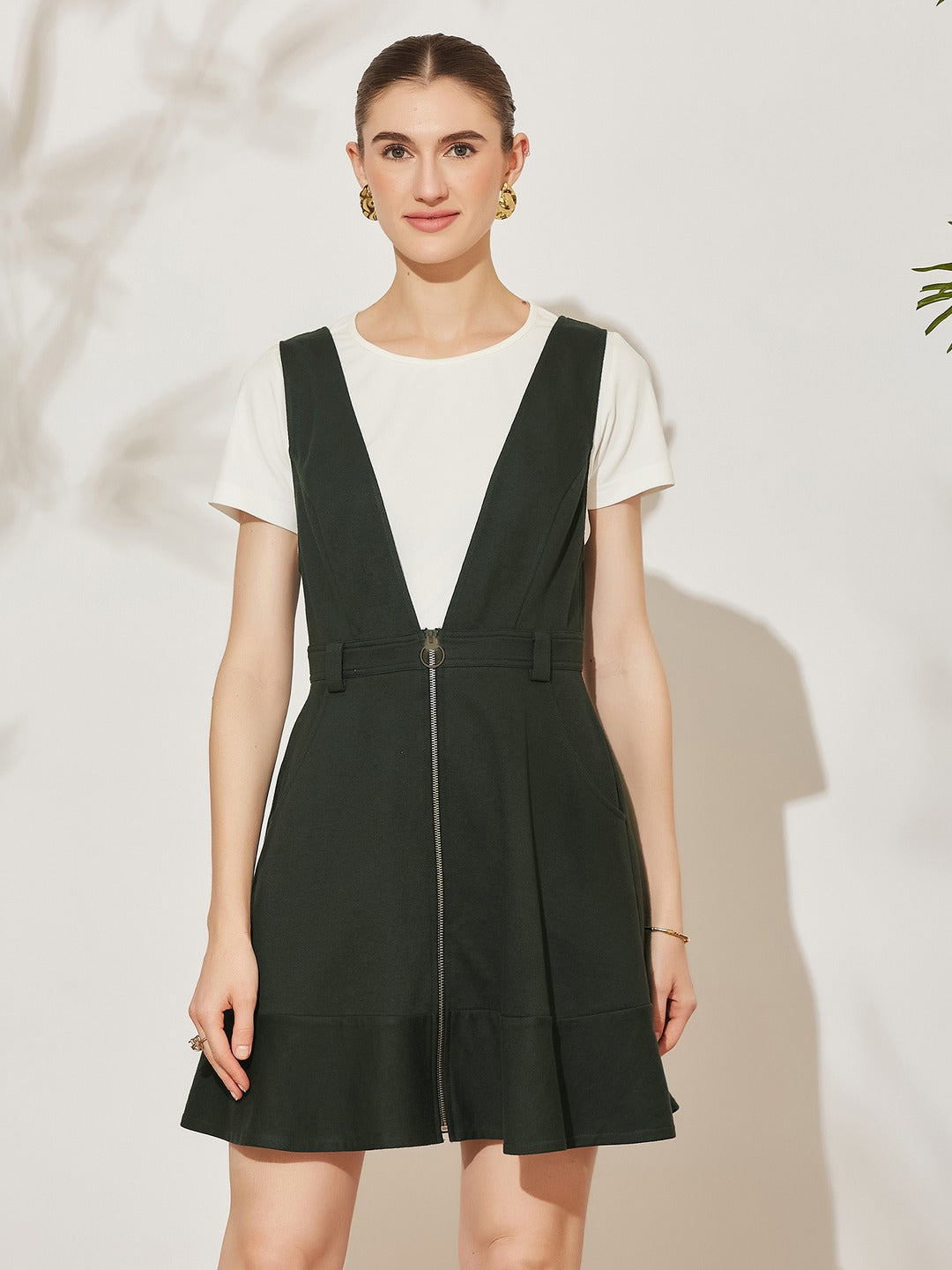 Bottle Green Solid Polyester Pinafore Dress with Zipper Detail and Side Pockets for Women