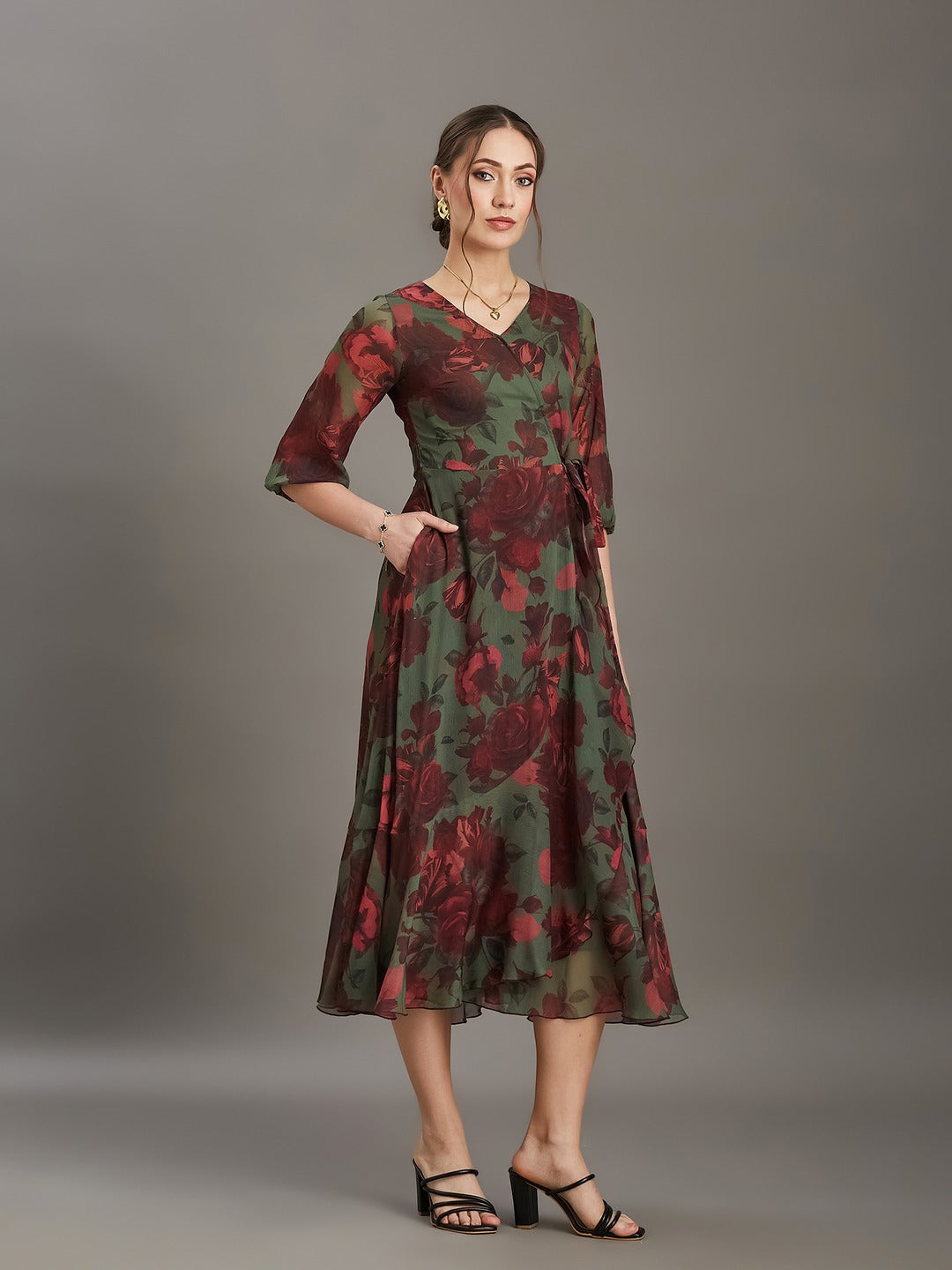Olive & Wine Floral V-Neck 3/4 Sleeve Wrap Midi Chiffon Dress for Women