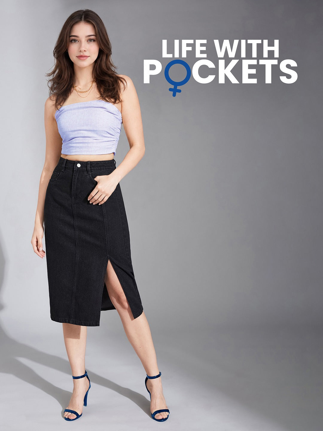 Black Straight-Fit High-Rise Stretchable Denim Midi Skirt for Women