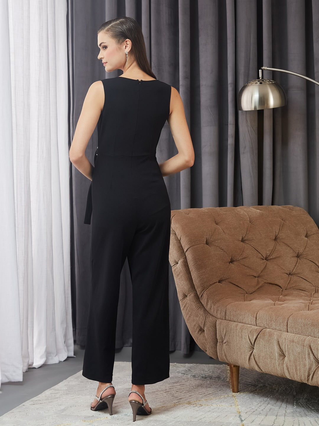 Black V-Neck Sleeveless Solid Wrap Polyester Jumpsuit for Women