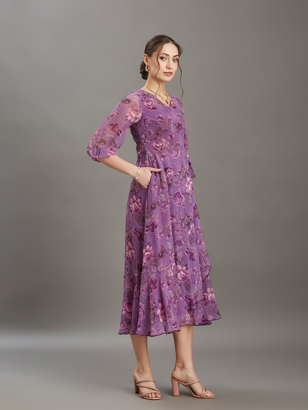 Multicolored Lavender Floral V-Neck 3/4 Sleeve Wrap Chiffon Midi Dress for Women