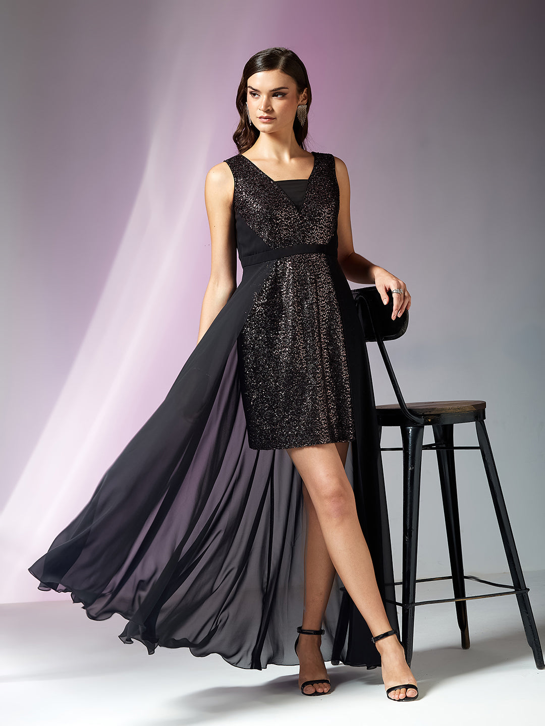 Black Tapered Square Sleeveless Embellished Bodycon Knee-Long Georgette Dress for Women