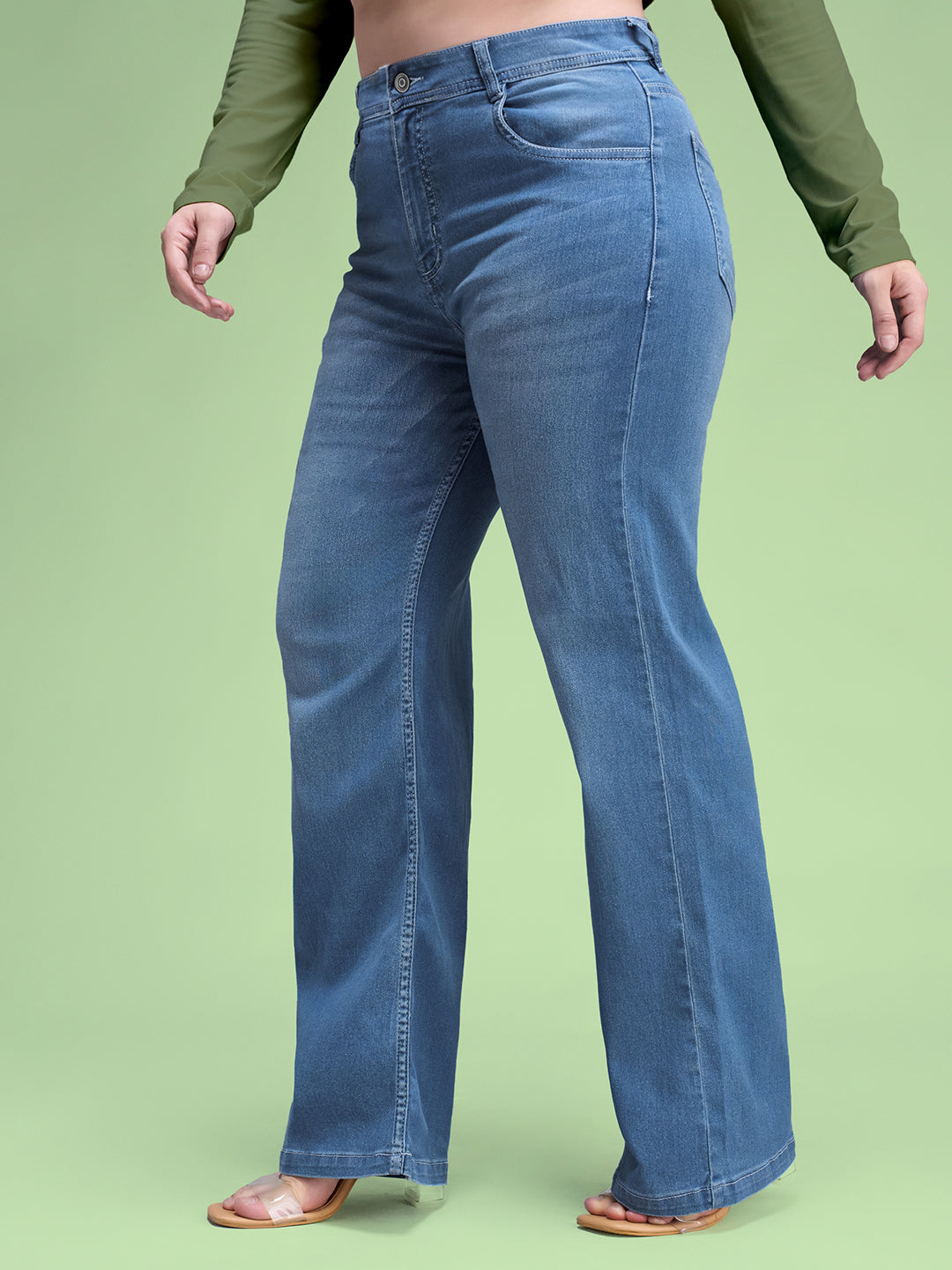 Light Blue Wide-Leg Mid Rise Blast Effect Light Weight Denim Jeans for Women