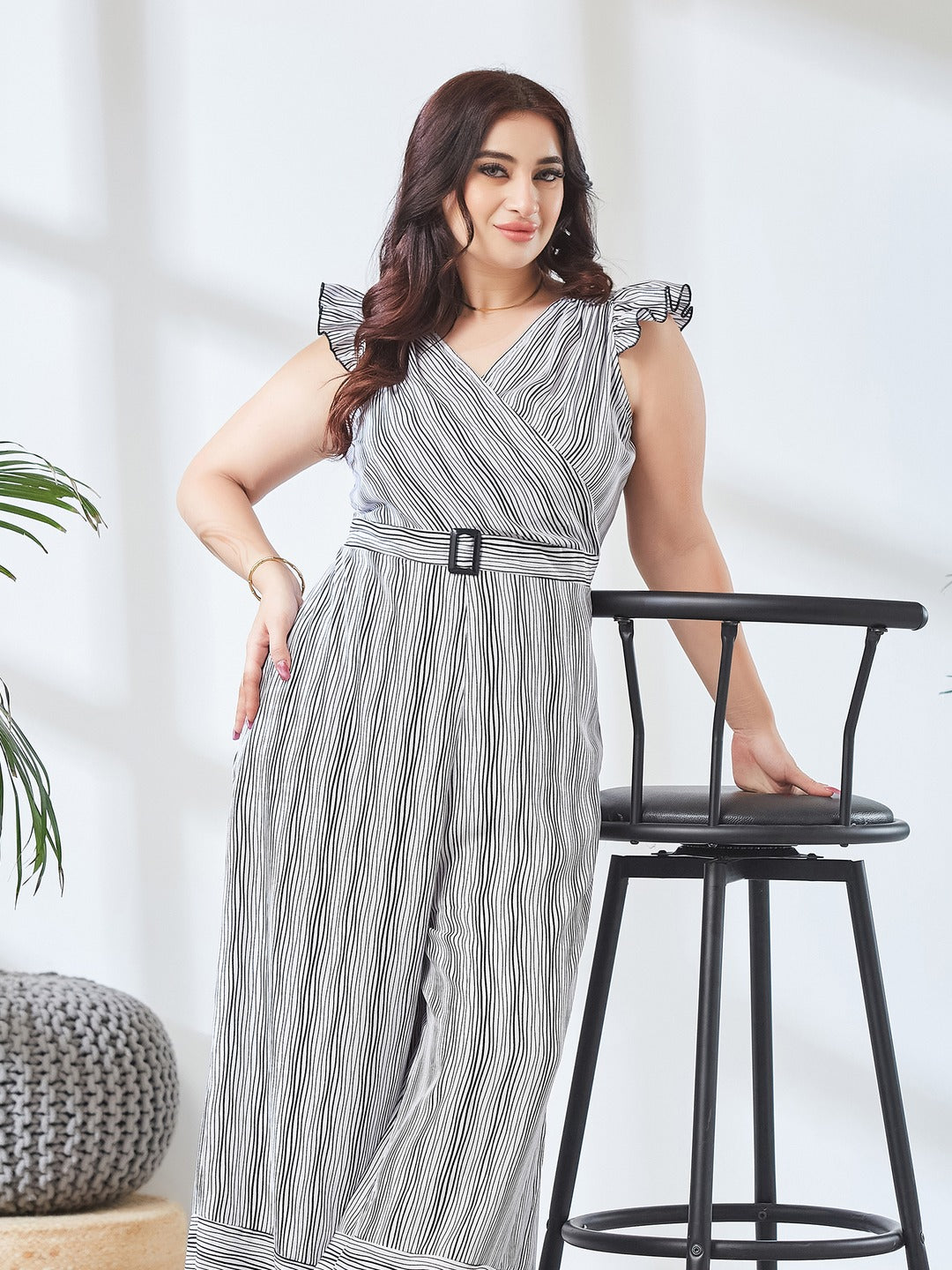 Black and White Striped V-Neck Frill Viscose Rayon Wrap Relaxed Fit Regular Jumpsuit for Women