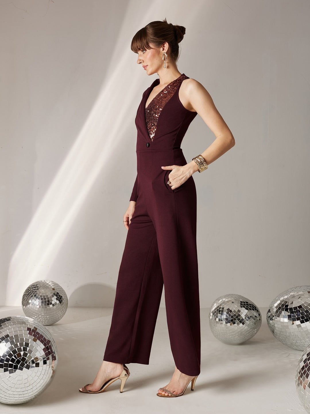 Wine Embellished Shawl Collar Asymmetric Polyester Blazer-Styled Slim Fit Regular Jumpsuit for Women