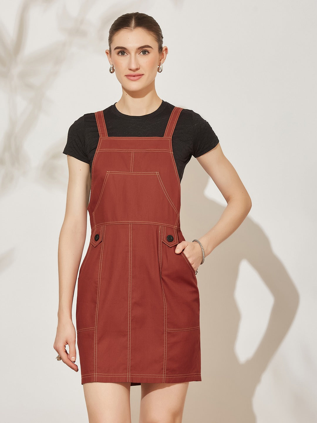 Rust Square Neck Solid Pinafore Knee-Long Cotton Dress for Women