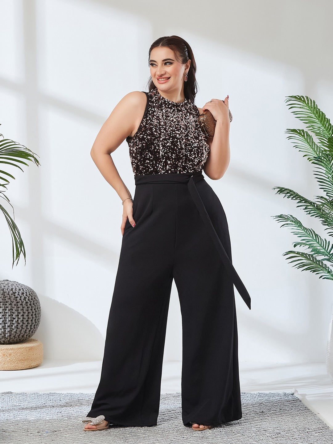 Black & Lavender Embellished Regular Jumpsuit for Women