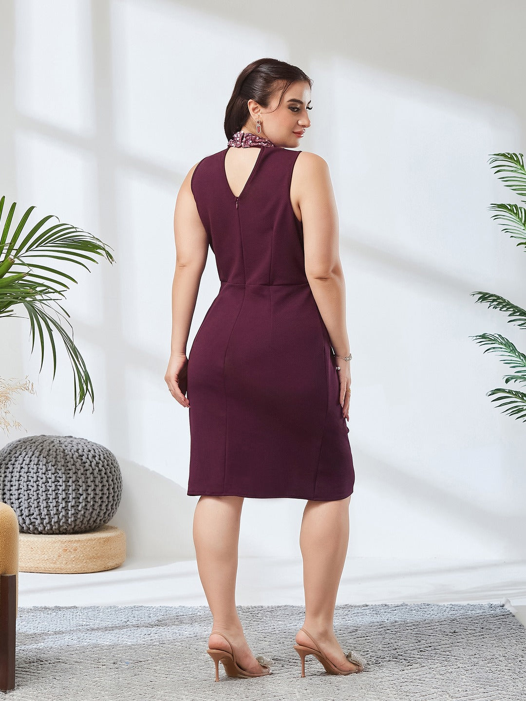 Dark Purple Halter Neck Sleeveless Embellished Pleated Above-Knee Dress for Women