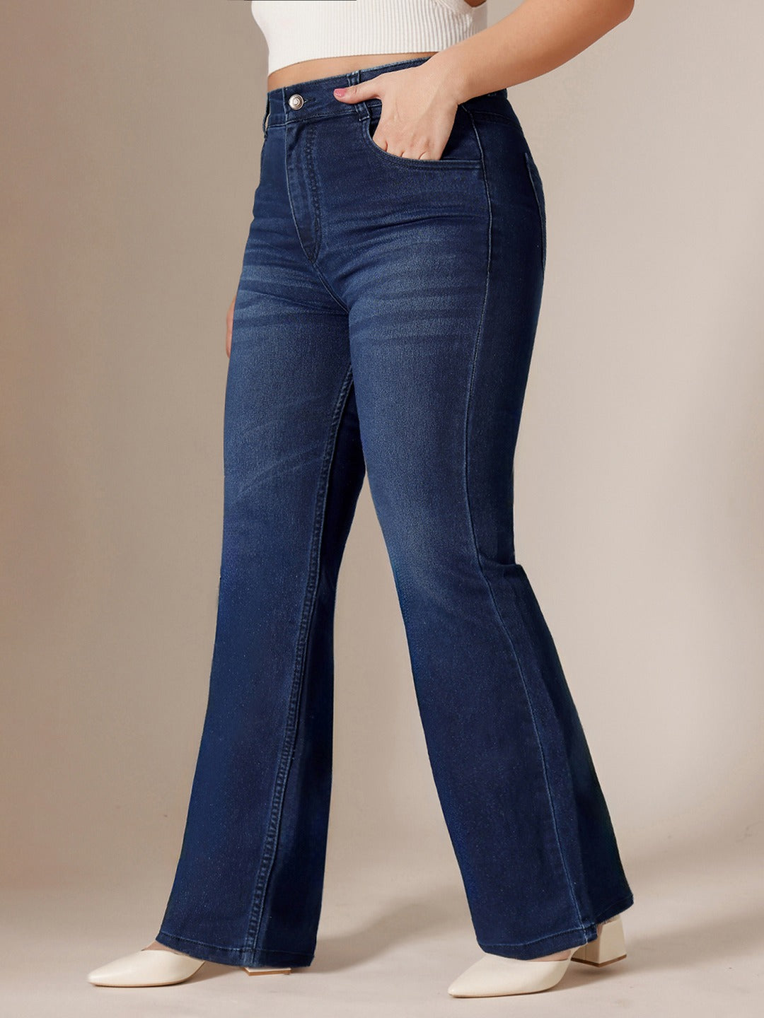 Navy blue Wide leg Mid rise Regular Stretchable Denim Jeans for Women