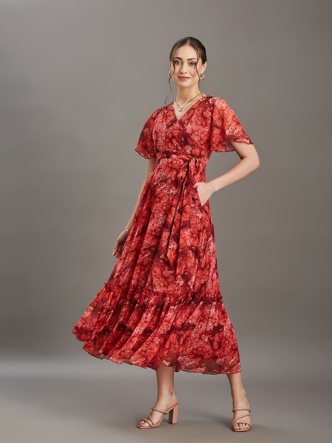Red V-Neck Half Sleeve Floral Wrap Maxi Chiffon Dress for Women