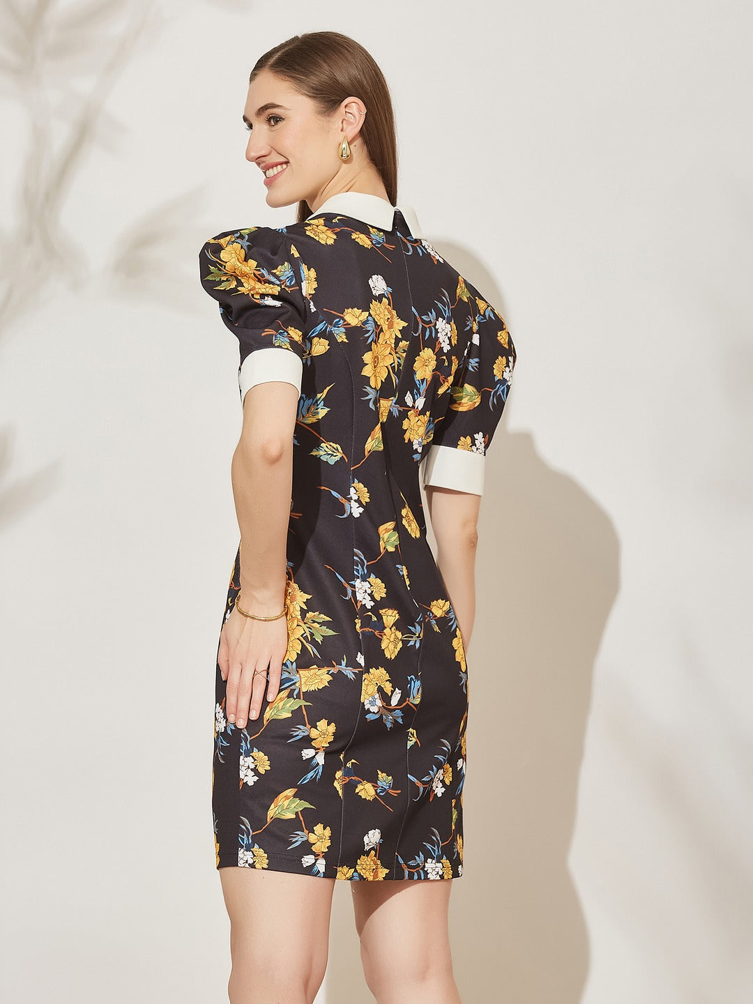 Black Collared Half Sleeve Floral Shift Knee-Long Polyester Dress for Women