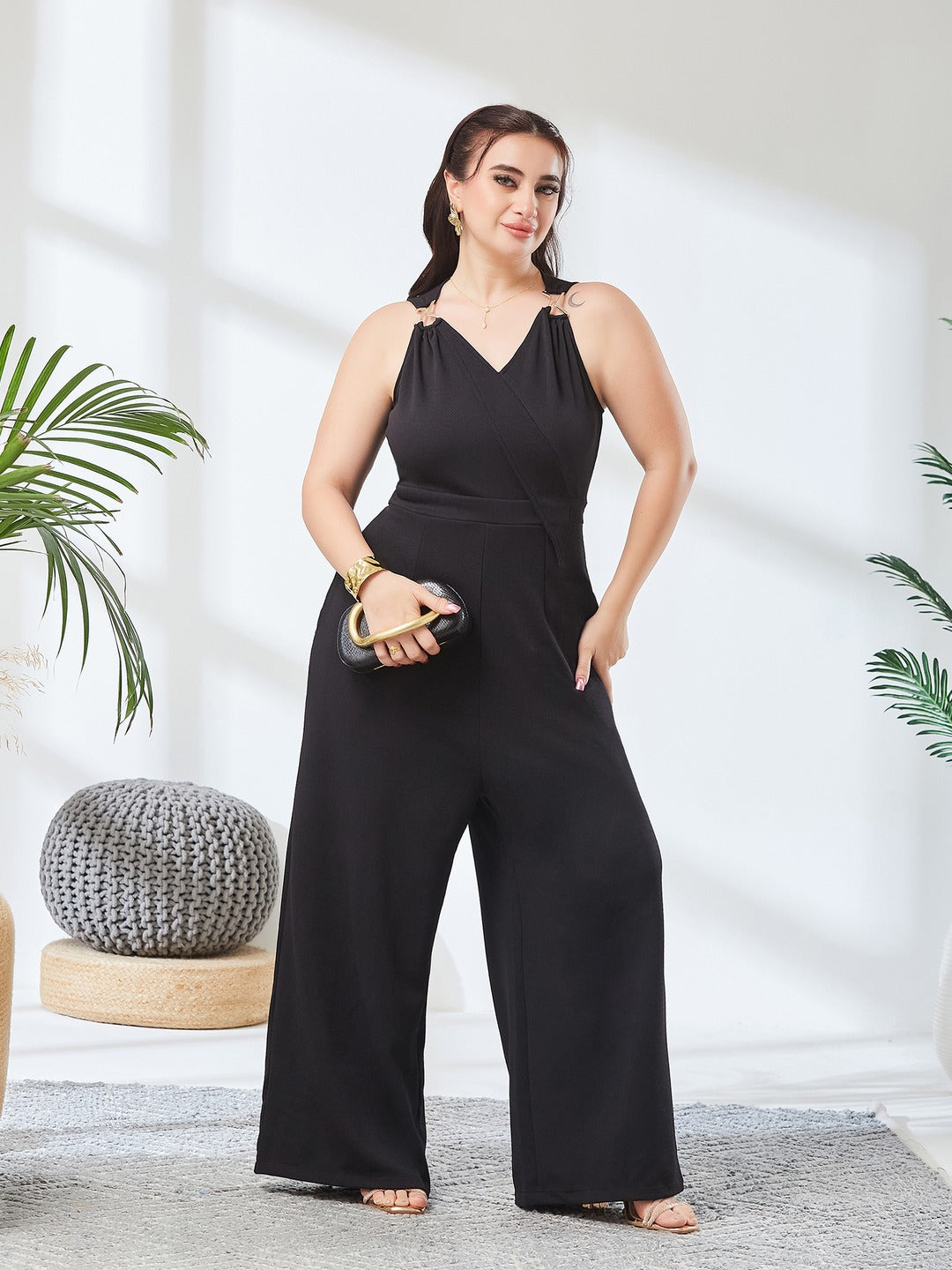 Black V-Neck Sleeveless Solid Wrap Regular Length Jumpsuit for Women