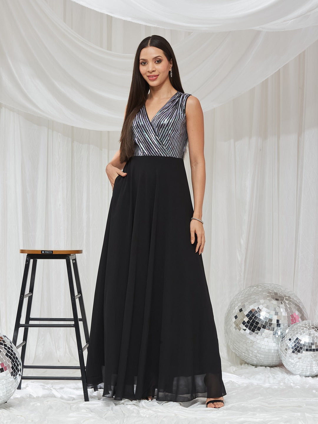 Black V-Neck Sleeveless Embellished Wrap Maxi Georgette Dress for Women