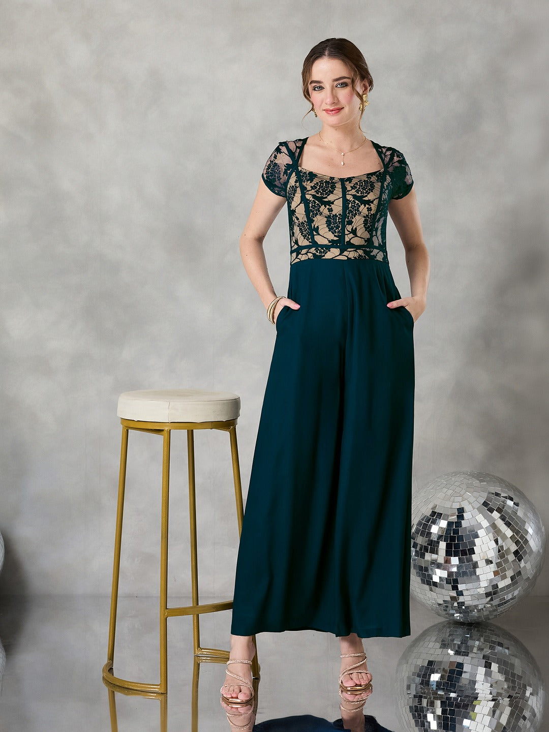 Teal Sweetheart Raglan Sleeve Self-Design Lace Overlaid Regular Fit Viscose Rayon Jumpsuit for Women
