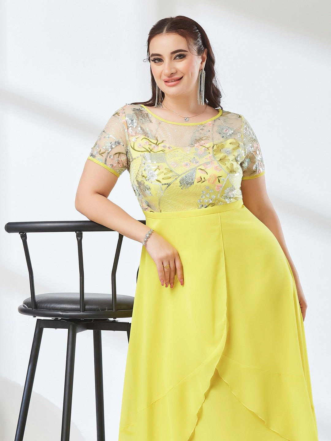 Yellow Round Neck Short Sleeve Floral Layered Georgette Midi Dress for Women