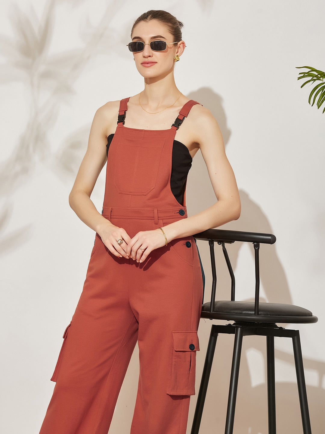 Rust Square Neck Sleeveless Solid Wide Leg Full Length Cotton Dungaree for Women