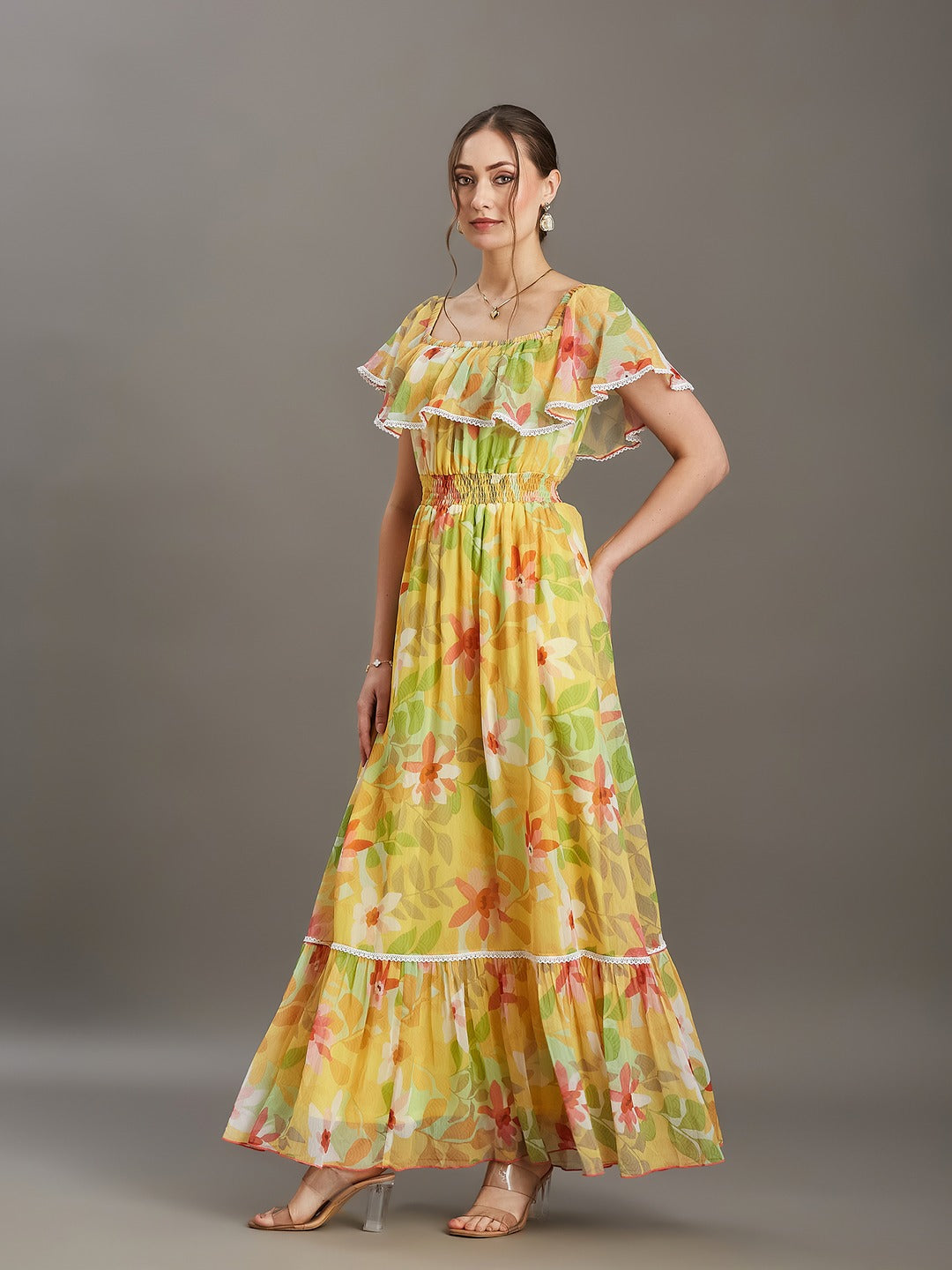Butter Yellow Square Neck Cape Floral Tiered Maxi Chiffon Dress for Women