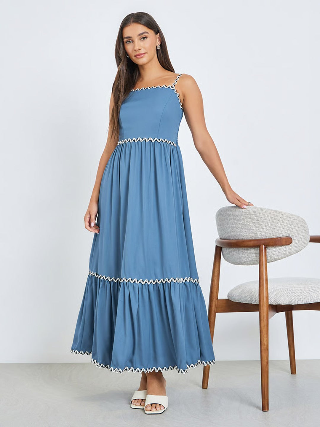Azure Blue Square Neck Sleeveless Solid Tiered Maxi Crepe Dress for Women