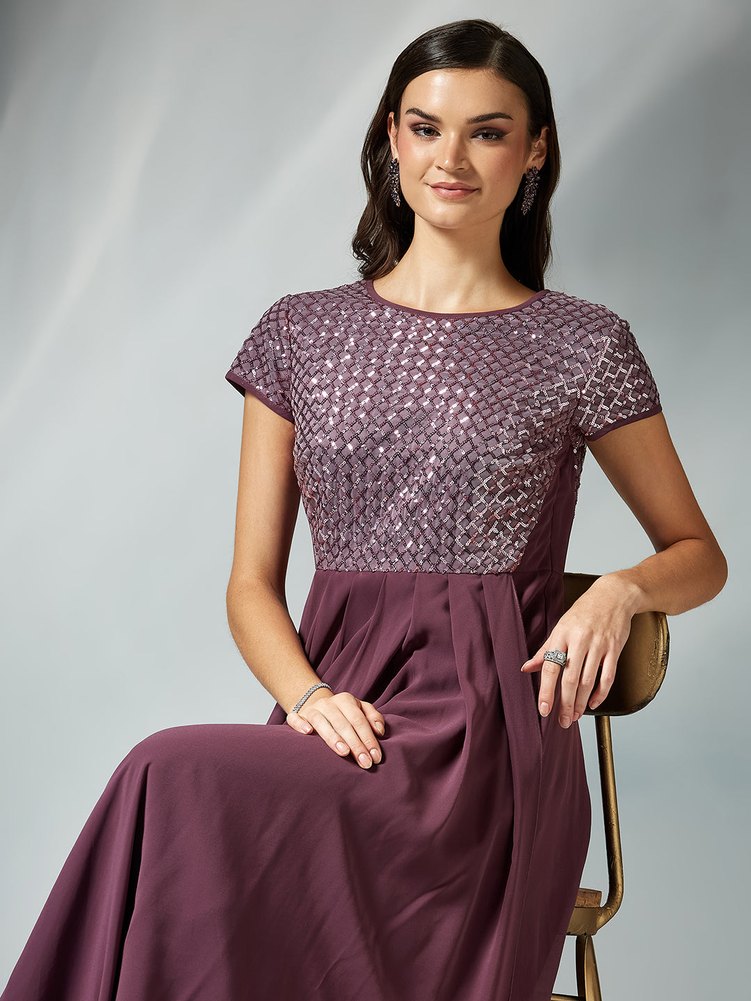 Mauve Round Neck Cap Sleeve Embellished Fit & Flare Maxi Crepe Dress for Women