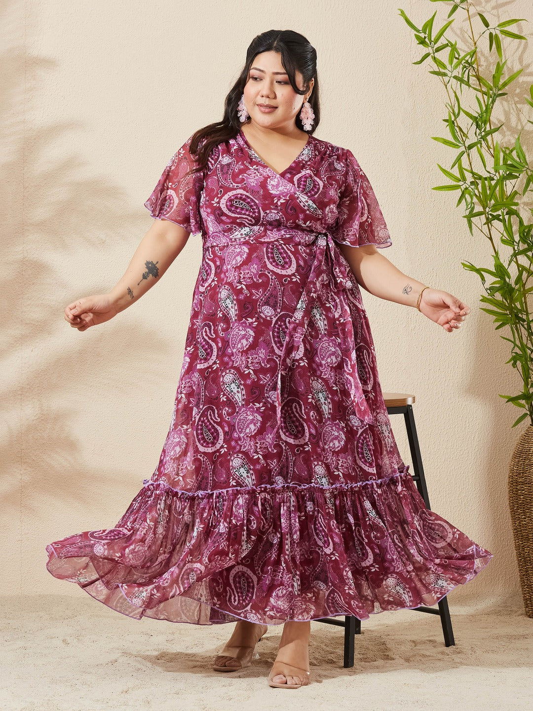 Wine V-Neck Half Sleeve Floral Wrap Maxi Chiffon Dress for Women