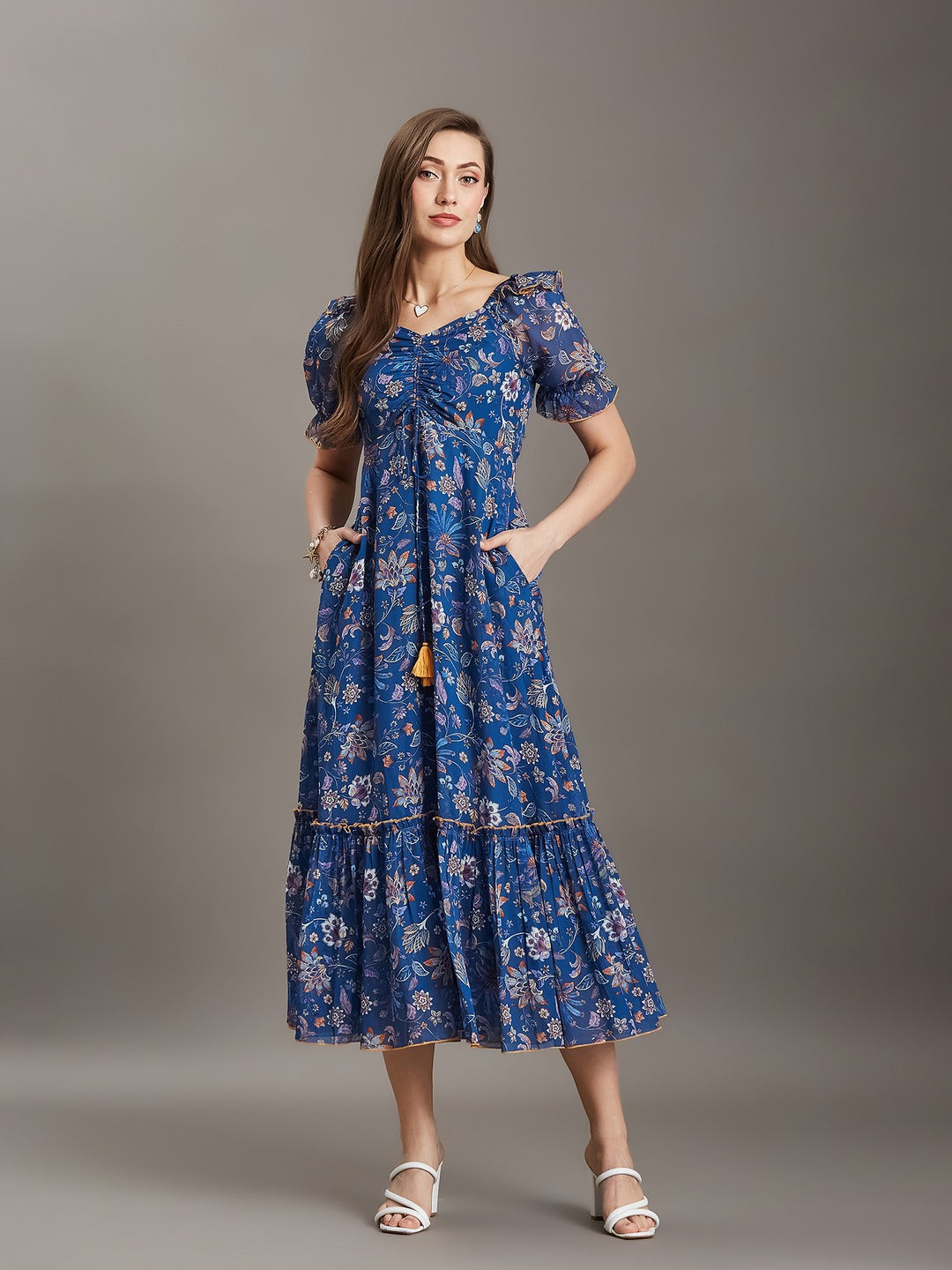 Cobalt Blue Sweetheart Neck Puff Sleeve Floral Ruching/Tiered Ankle-Length Georgette Dress for Women
