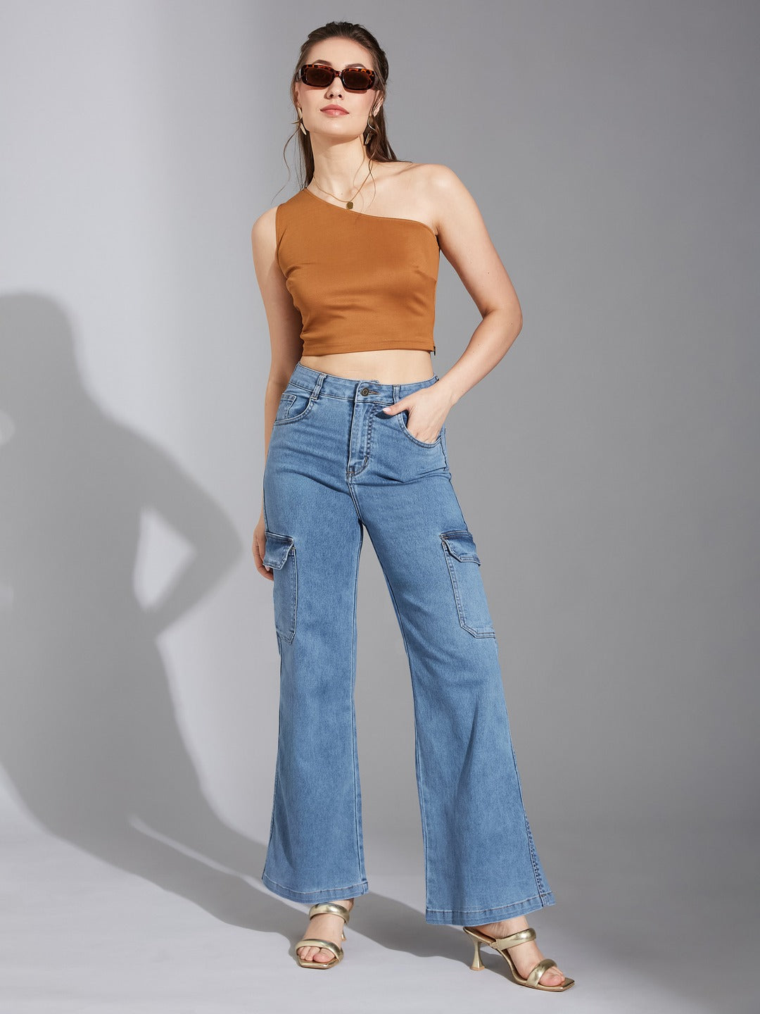 Blue Wide-Leg High-Rise Heavy Wash Stretchable Cargo Denim Jeans for Women